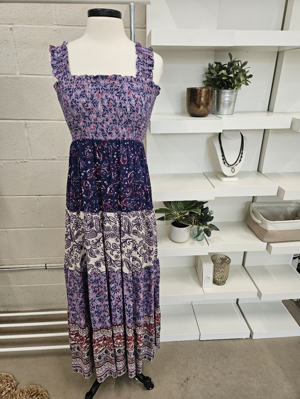 Purple Patchwork Print Tiered Maxi Dress